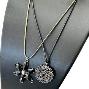 Set of TWO Elegant Vintage Style Floral Flower Design Pendant & Cord Necklaces